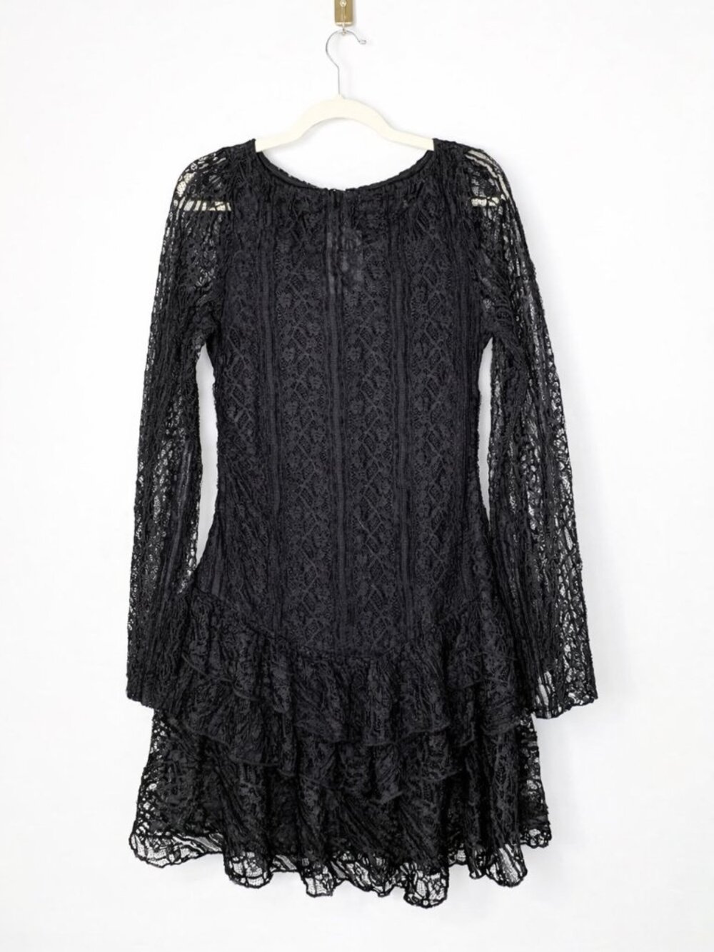 Free People Tabby Lace Mini Dress Black Large NWT Romantic Ruffle Long Sleeve
